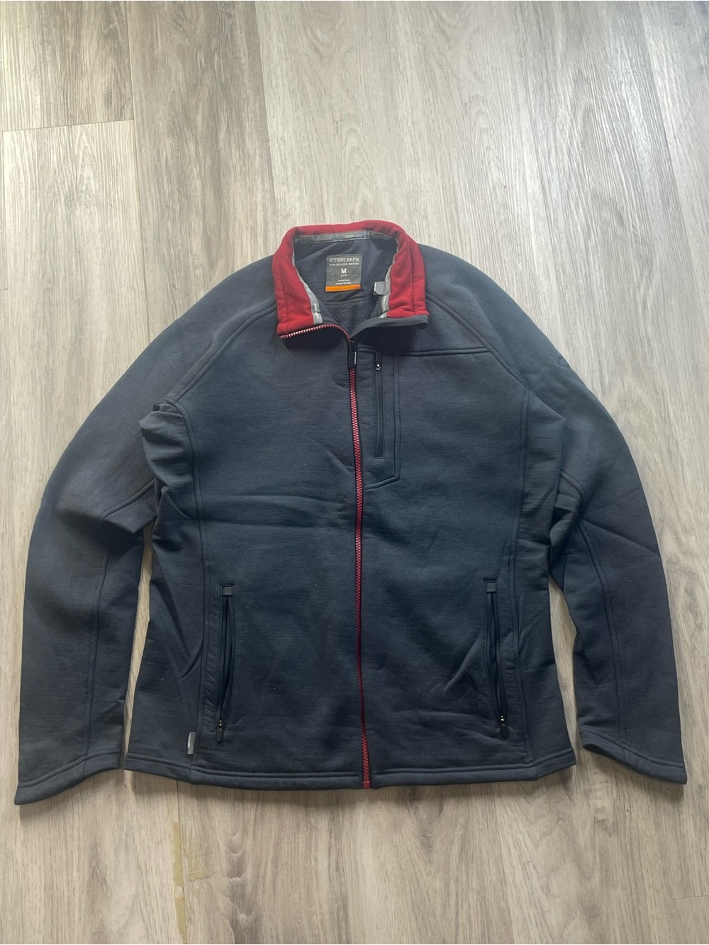 Icebreaker Men's Merino Wool Charcoal Jacket with Red Trim